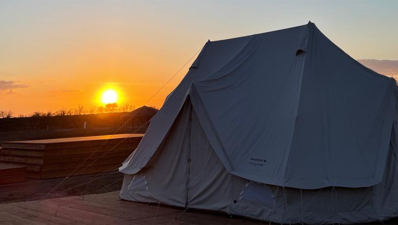 Glampingtelt på Marsk Camp med solnedgang i baggrunden